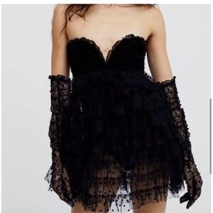 For Love & Lemons Jourdan ruffle Mini Dress w gloves Black NWT medium